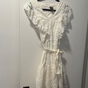 Taylor White Lace Midi Dress with Ruffle V-Neck and Tie Waist